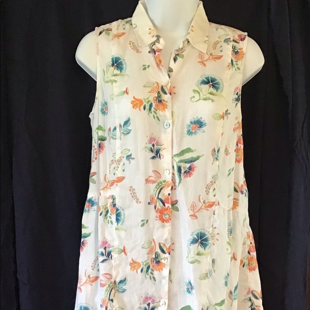 j jill Linen Sleeveless Button Down XS Blouse Top Tunic White Blue Green Flowers